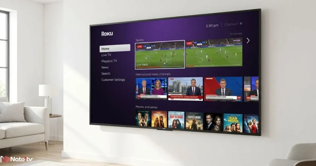 Roku streaming device displaying live IPTV channels and series on a smart TV