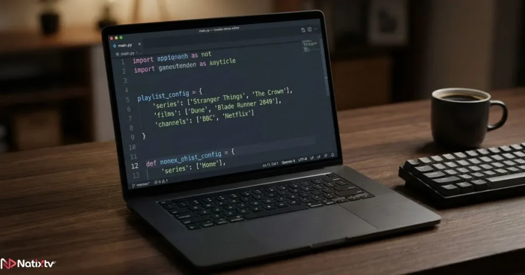 Structured IPTV playlist file open on a laptop in a clean tech workspace