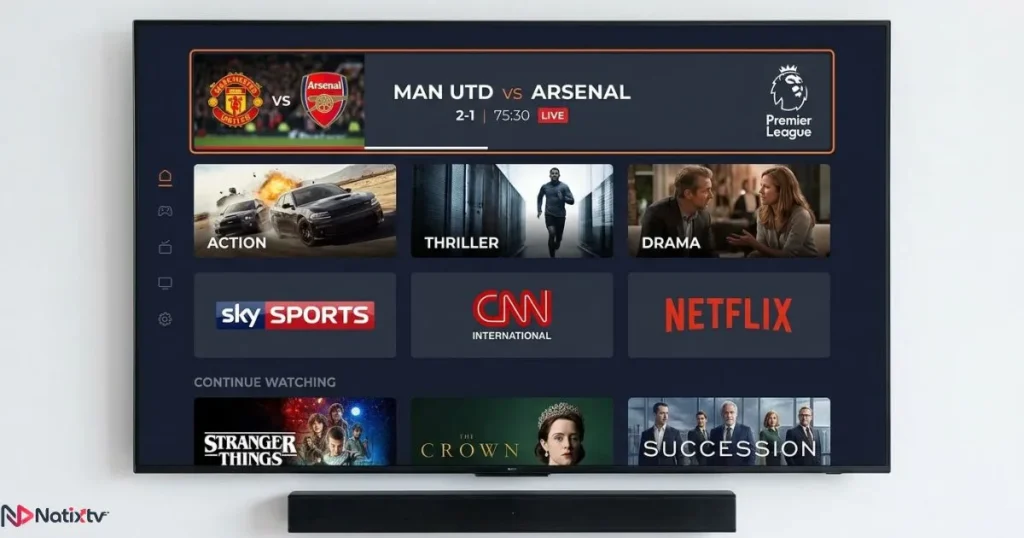 IPTV channels interface showing live sports and movies on smart TV