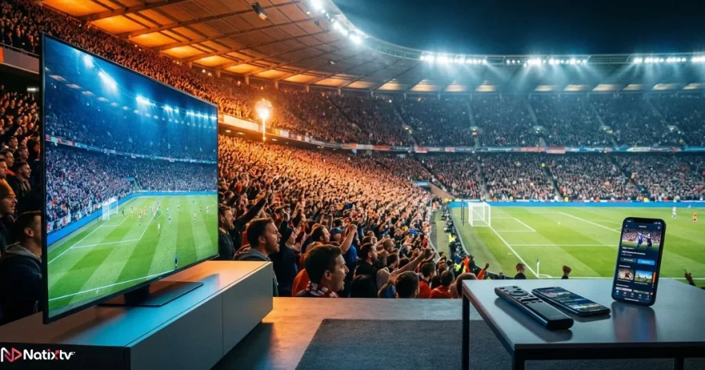 Live sports streaming on an IPTV subscription service displayed on a smart TV screen