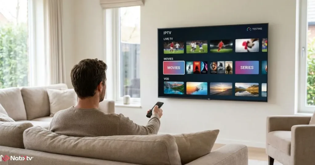 Testing IPTV streaming quality during a free IPTV subscription trial.