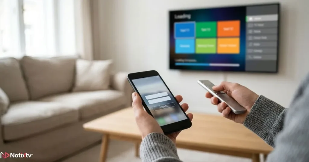 Person setting up an IPTV app on a Samsung TV using a smartphone and remote