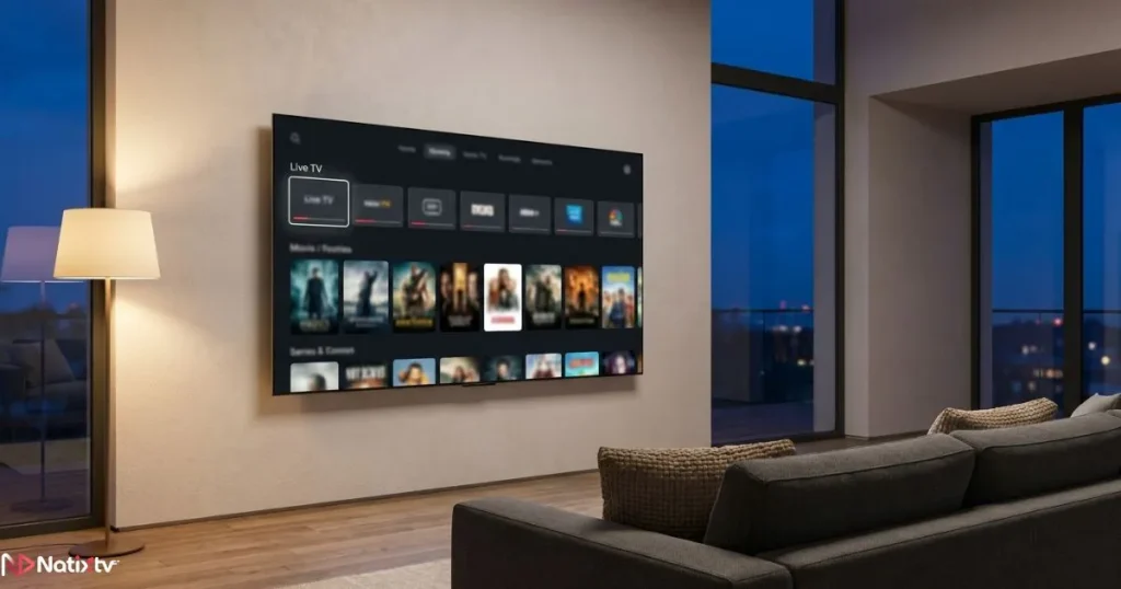 Smart TV in a modern living room displaying a TiviMate-style IPTV interface with live channels