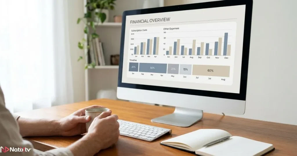 Comparison of IPTV plans cost savings displayed on a desktop monitor with financial data