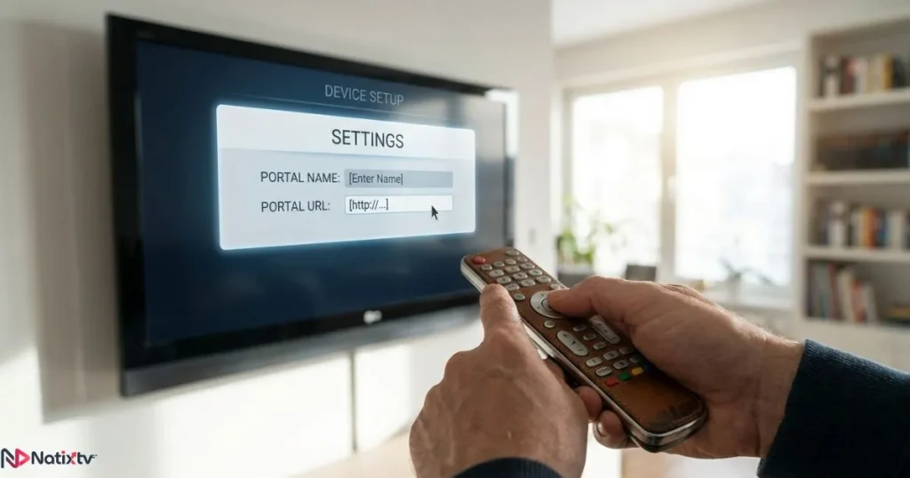 install IPTV on MAG Box by entering the portal URL in the device settings menu