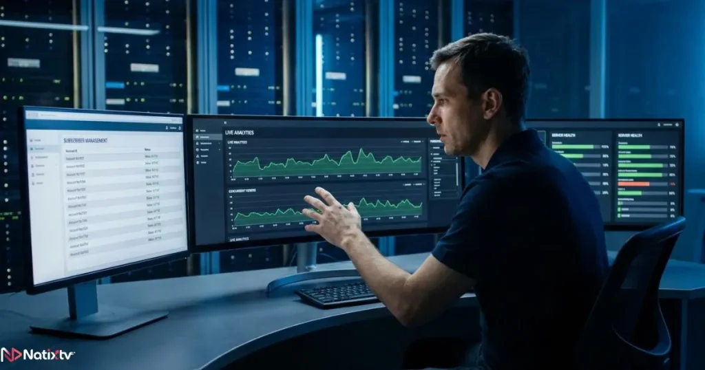 IT administrator monitoring an IPTV management software dashboard on multiple screens