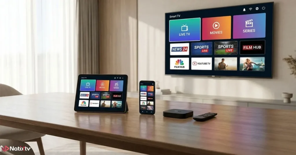 IPTV compatibility across Smart TV, tablet, and smartphone with realistic streaming screens.