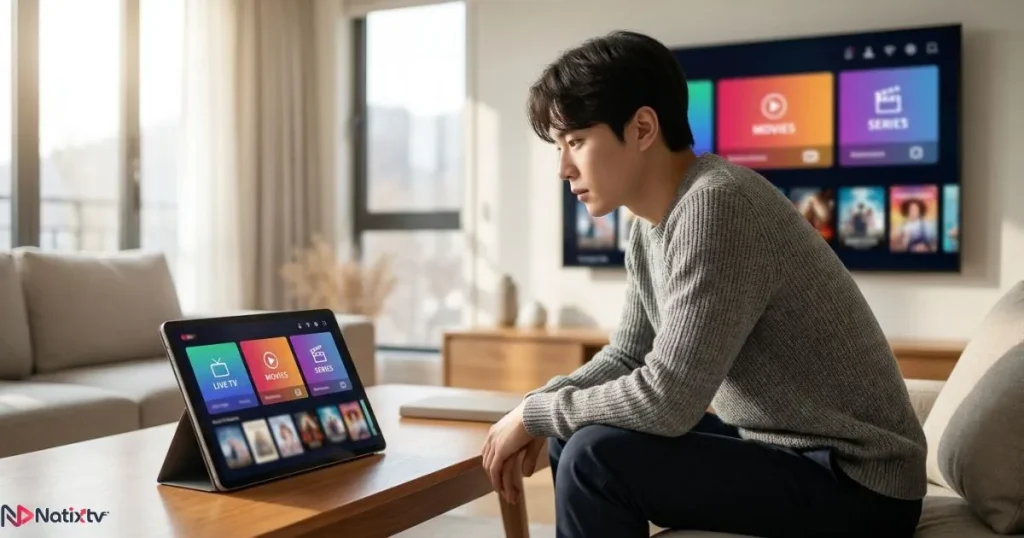 User testing IPTV streaming quality on a tablet and Smart TV simultaneously