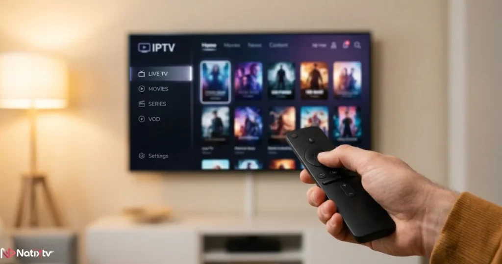 Hands holding a remote control in front of a Smart TV displaying a free IPTV app interface