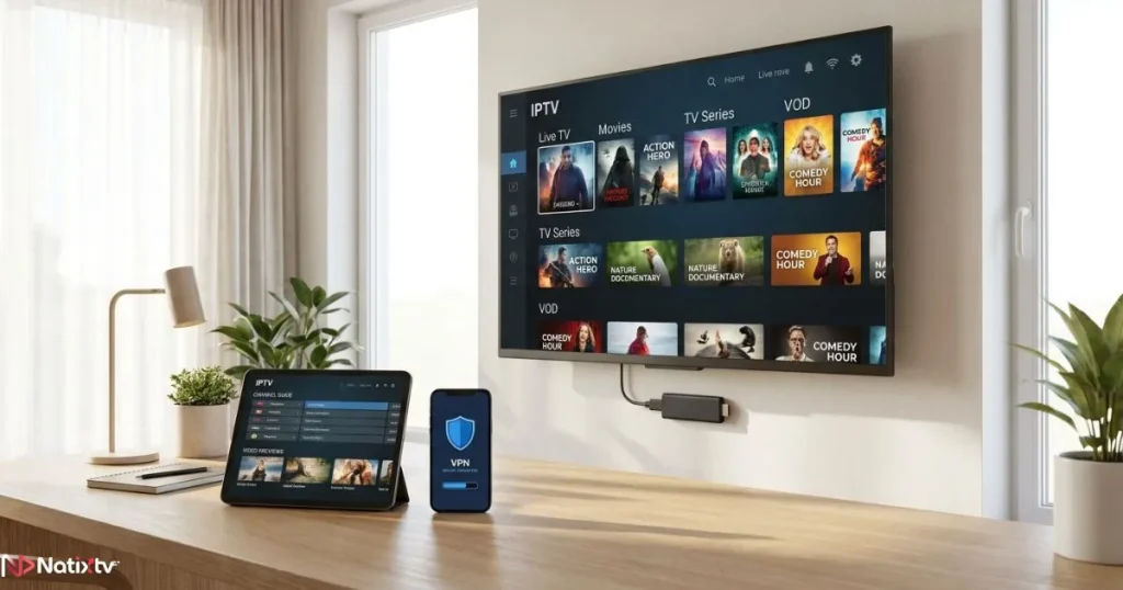 VPN for Smart TV setup with multiple IPTV-compatible streaming devices.