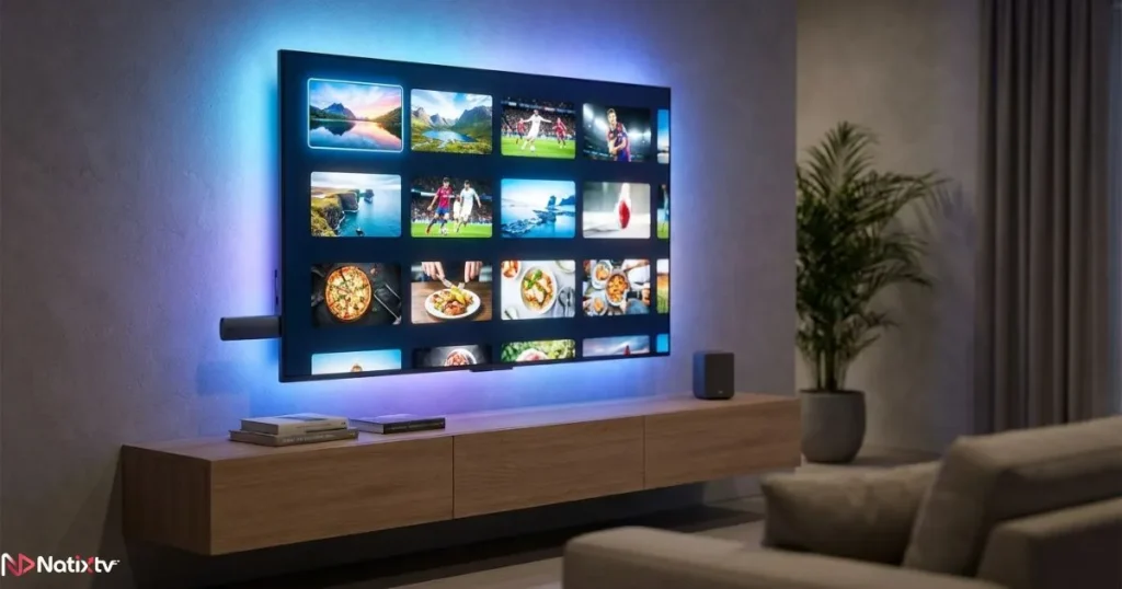 Xtream IPTV setup on a FireStick connected to a flat-screen TV in a modern room