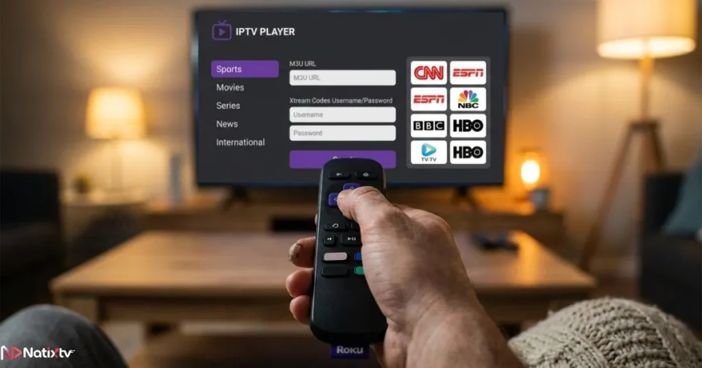 Roku IPTV player setup screen showing M3U playlist and channel categories