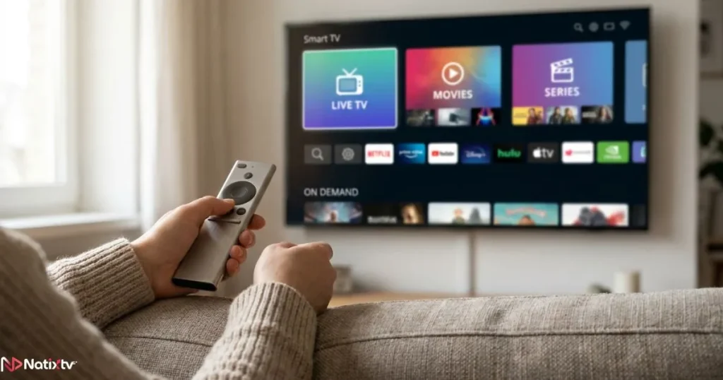 IPTV channels interface showing a wide selection of live TV and VOD content