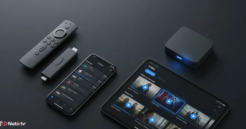IPTV apps and compatible streaming devices including smart TV remote Fire Stick and smartphone