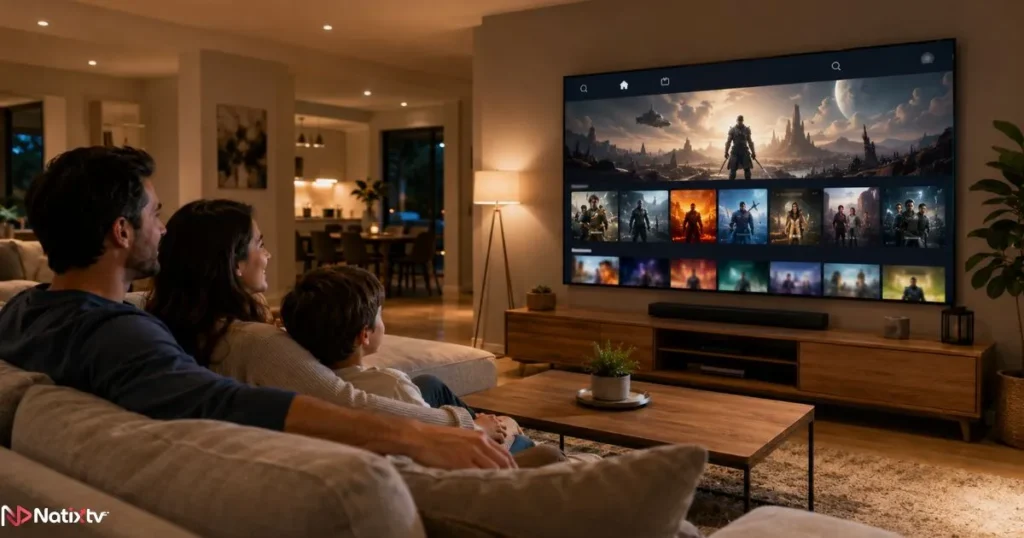 Family watching IPTV content on a large smart TV in a modern home living room