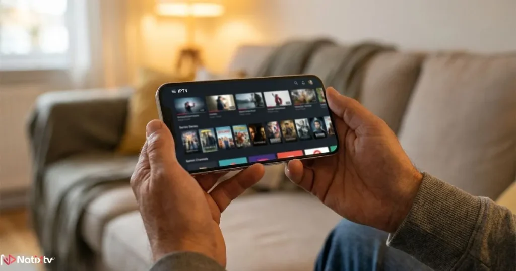 Hands holding a smartphone running an IPTV app with live TV and VOD content on screen
