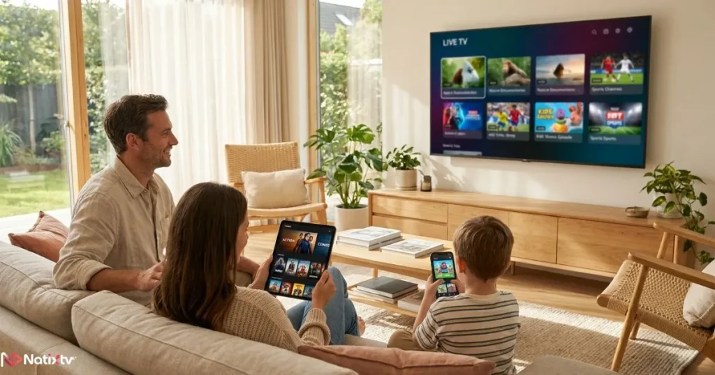 Family watching premium IPTV channels on multiple devices in a modern home