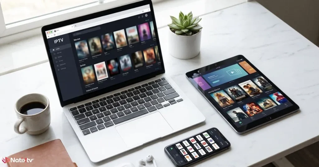 IPTV streaming server interface displayed across smartphone, tablet, and laptop devices
