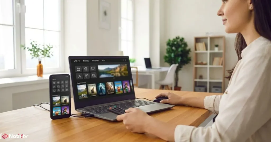Testing an IPTV setup on laptop and phone during a free trial with a realistic interface.