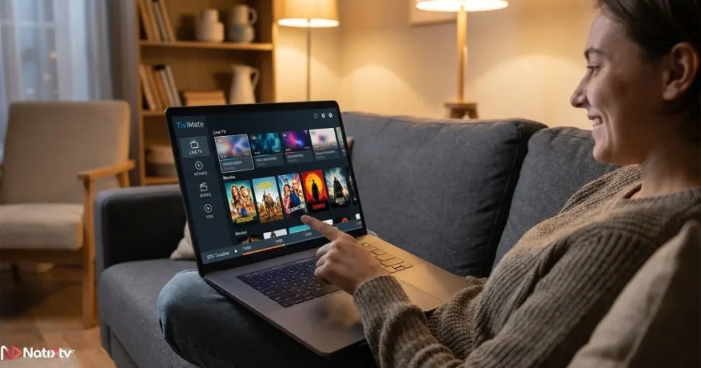 TiviMate Windows 11 setup on a laptop showing an IPTV subscription trial interface