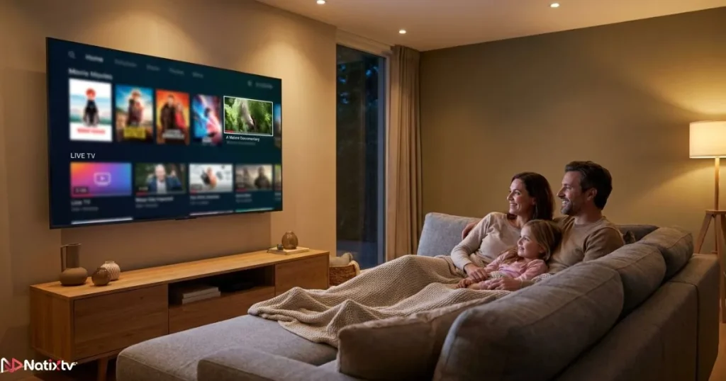 Family watching reliable IPTV on a Smart TV with a clear high-definition picture