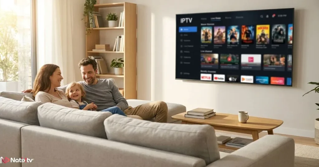 Family watching IPTV on a Smart TV with a full channel lineup displayed on screen