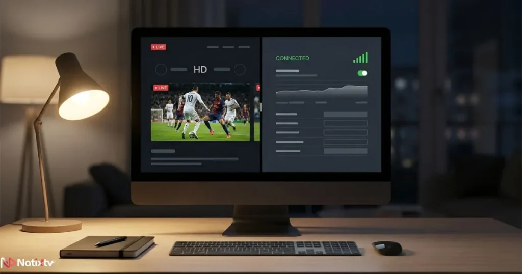 IPTV player running a live stream on a desktop monitor with network settings open