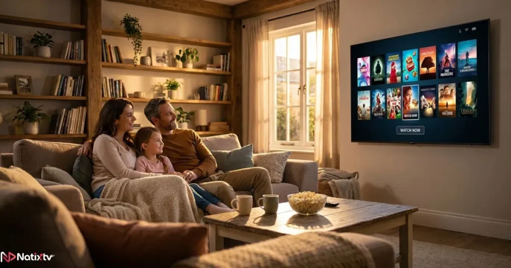Reliable IPTV service enjoyed by a family on a smart TV at home