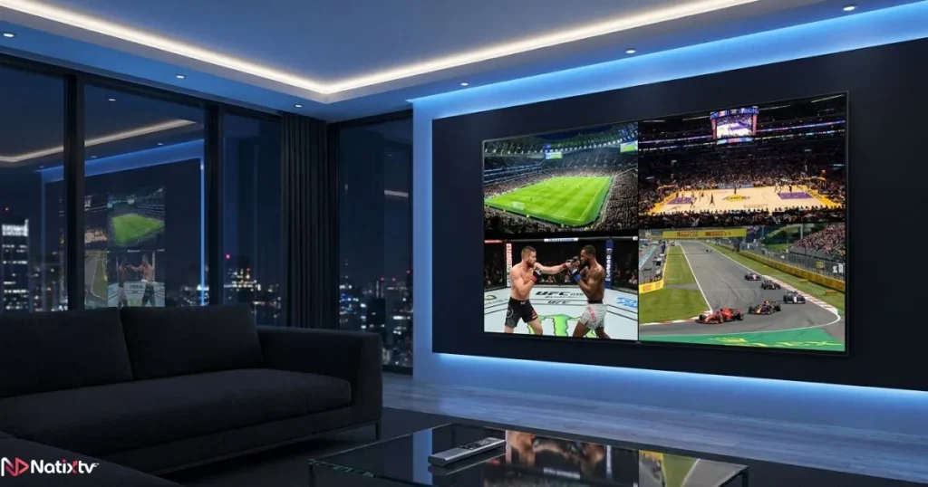 Premium sports channels on 4K IPTV with football NBA and UFC content on screen