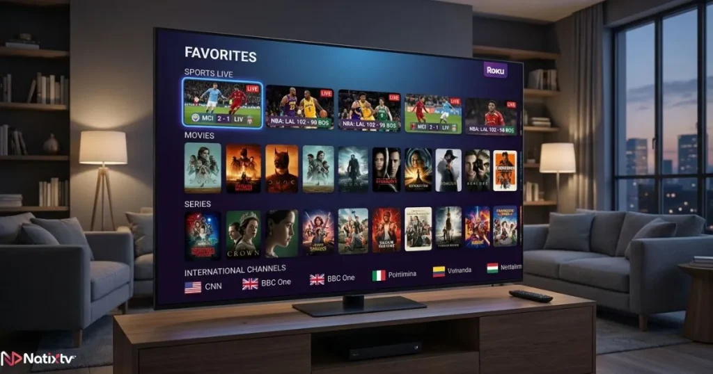 Organized IPTV channels favorites list displayed on a Roku streaming device
