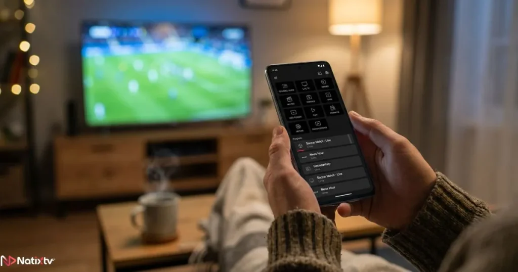 User browsing an IPTV subscription on a smartphone before choosing a service