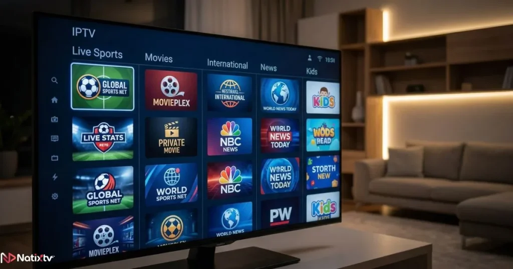 Browsing a premium IPTV channel list on a Smart TV screen with sports and international content