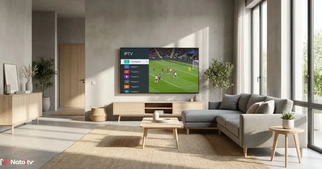 IPTV player interface showing live channels on a smart TV screen