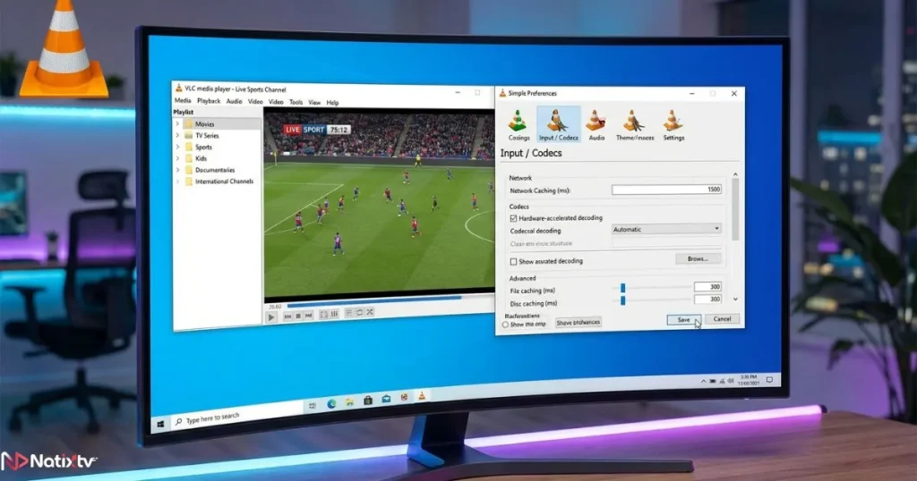 VLC IPTV settings with network caching and hardware acceleration configured for smoother streaming