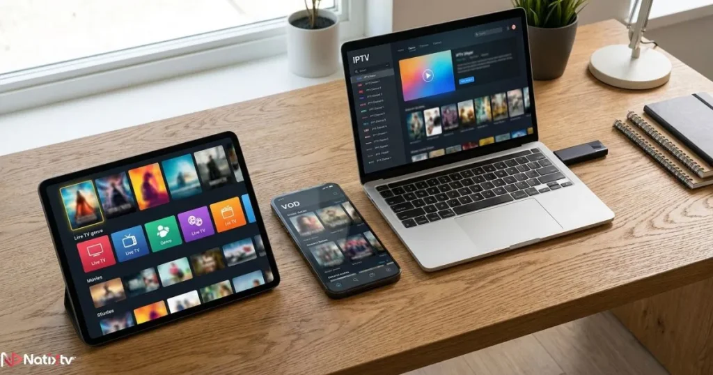 IPTV subscription compatible with multiple devices including tablet smartphone and laptop
