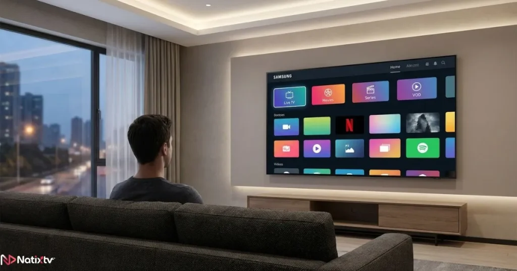 Person watching IPTV on Samsung TV with a full smart interface displayed on screen