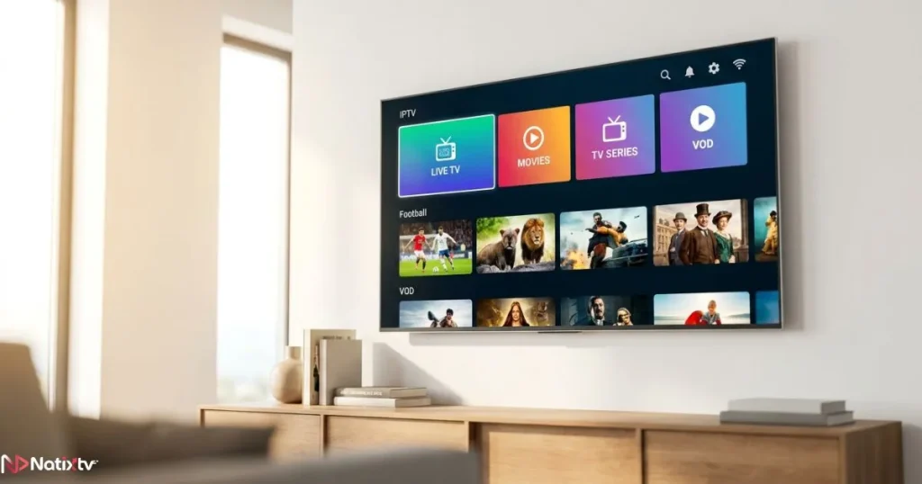 Large Smart TV displaying a full IPTV streaming service channel grid with live content