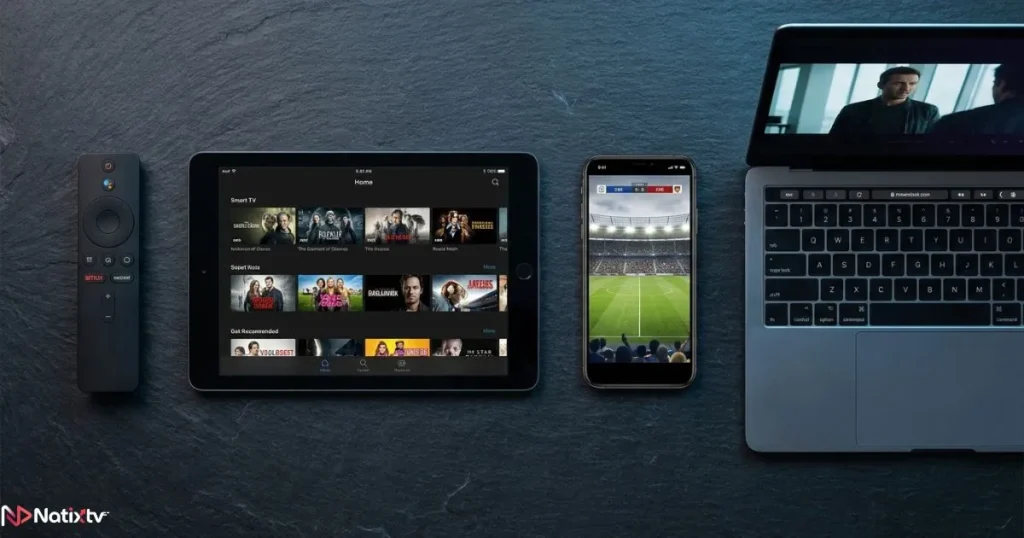 IPTV compatibility across multiple devices including Smart TV, tablet, smartphone, and laptop