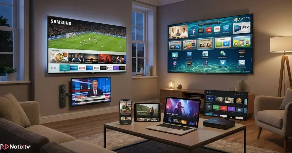 IPTV subscription working across Firestick, Smart TV, mobile devices, and computers