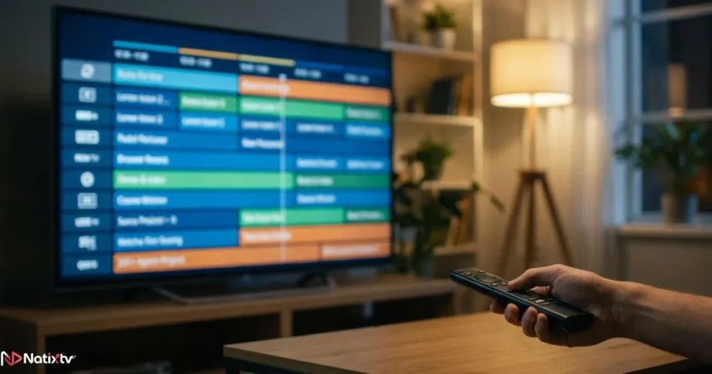 IPTV EPG guide displayed on screen with a weekly TV schedule grid