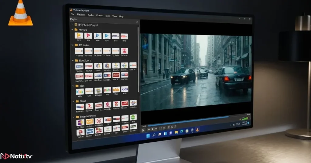 M3U playlist VLC setup with live channels, movies, and series ready for IPTV playback