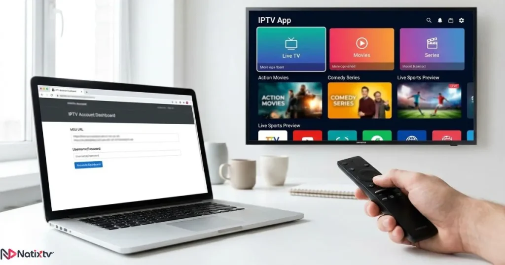 Setting up an IPTV Smarters Samsung TV interface with credentials on a laptop screen