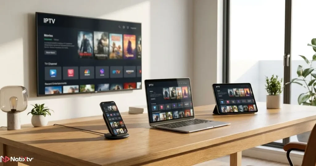 IPTV for Smart TV and multiple devices displaying a realistic premium IPTV interface.
