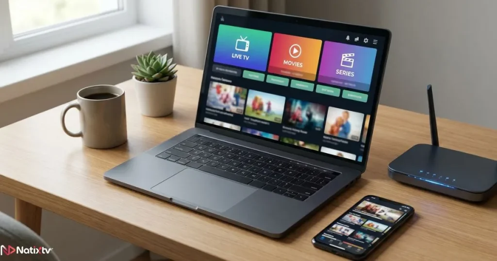 Multi-device IPTV subscription setup on laptop and smartphone with a home router