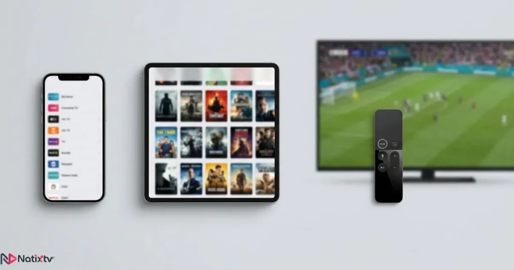 IPTV apps displayed across multiple devices including phone tablet and smart TV