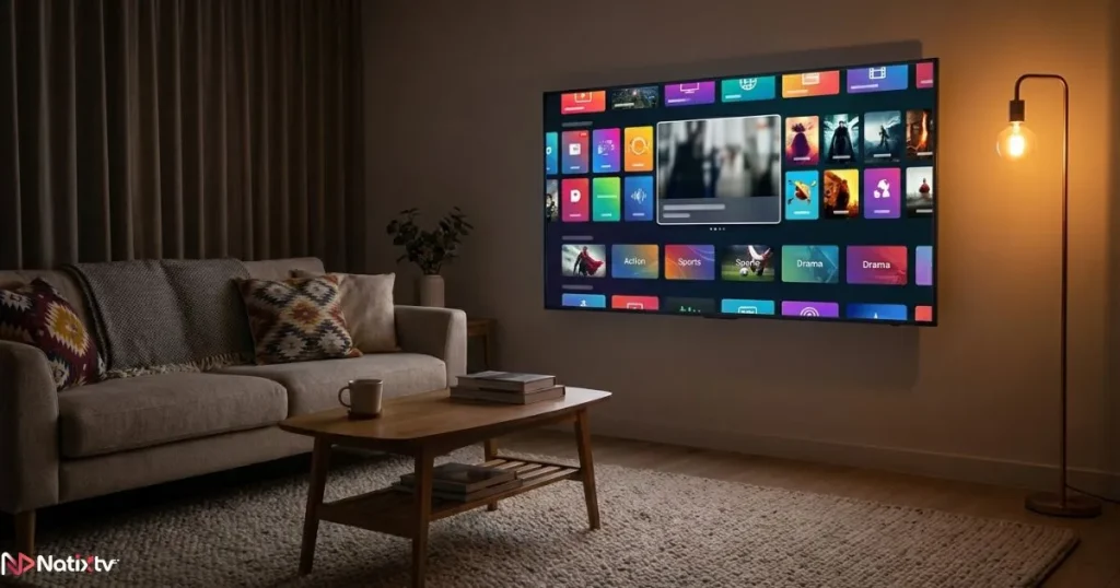 premium IPTV streaming on a large Smart TV with a full channel and VOD interface