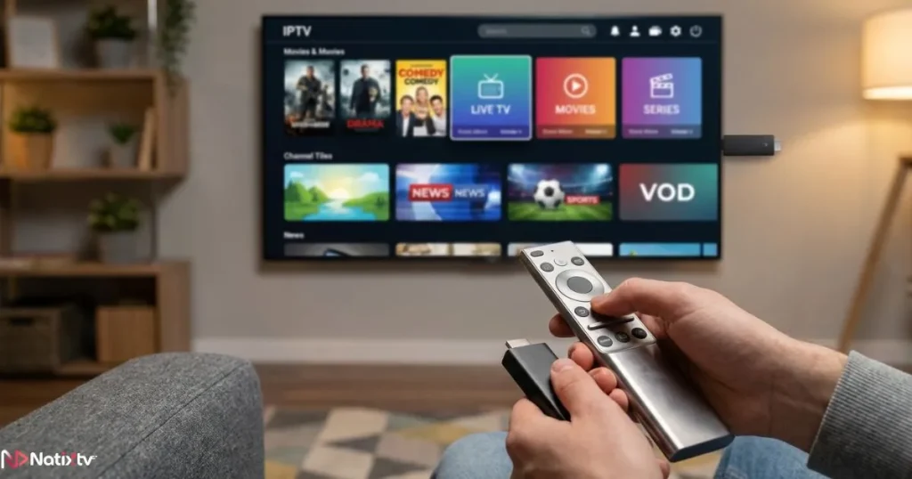 Setting up Firestick IPTV with a modern IPTV streaming interface on a Smart TV.