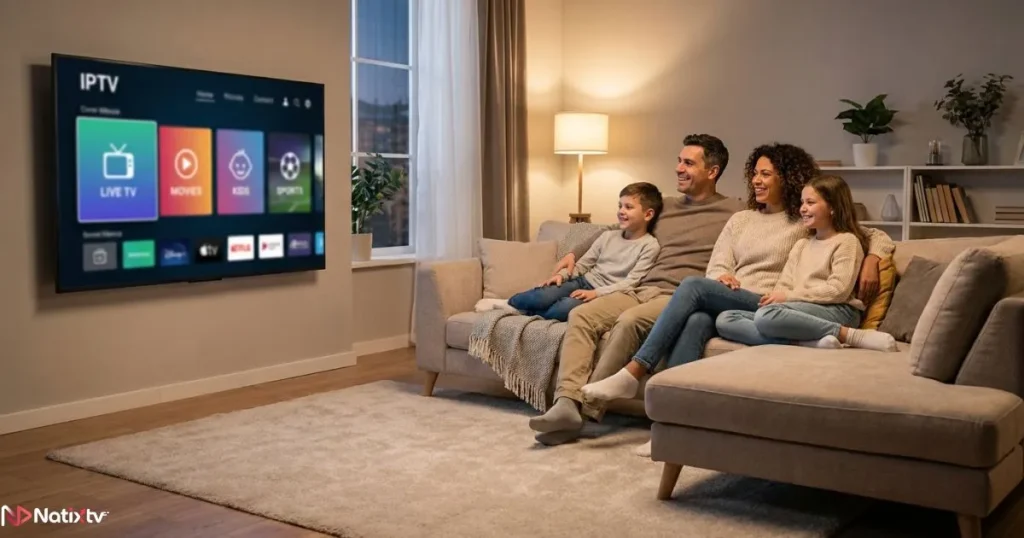 Family enjoying a premium IPTV Providersubscription together on a Smart TV in a cozy living room