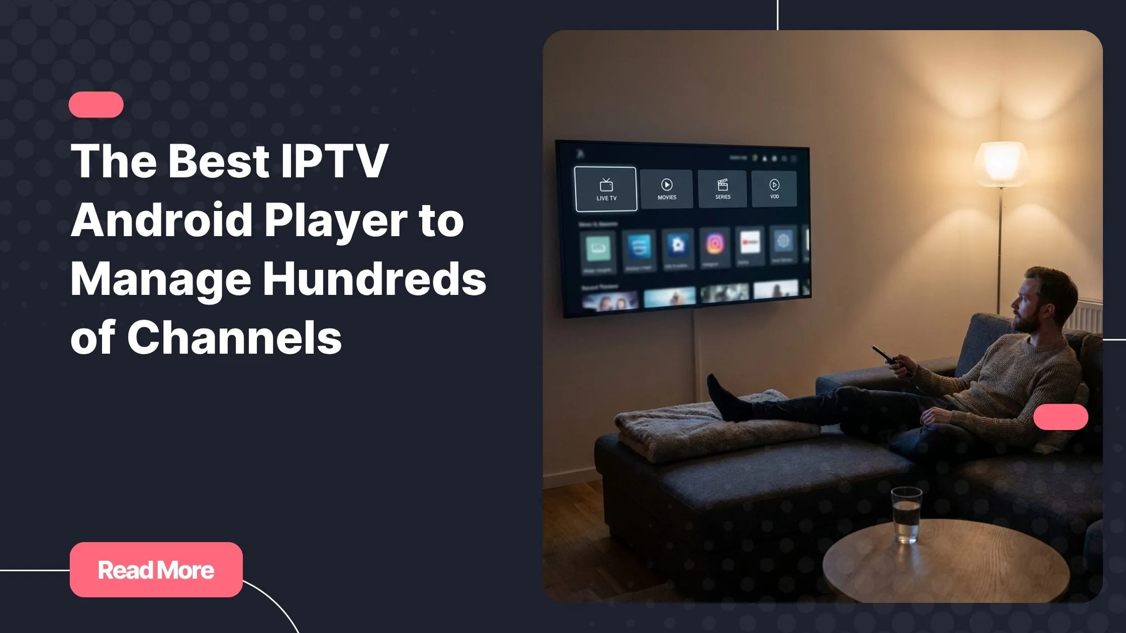 Android TV remote control used to browse an Best IPTV Android Player interface on a large flat-screen television