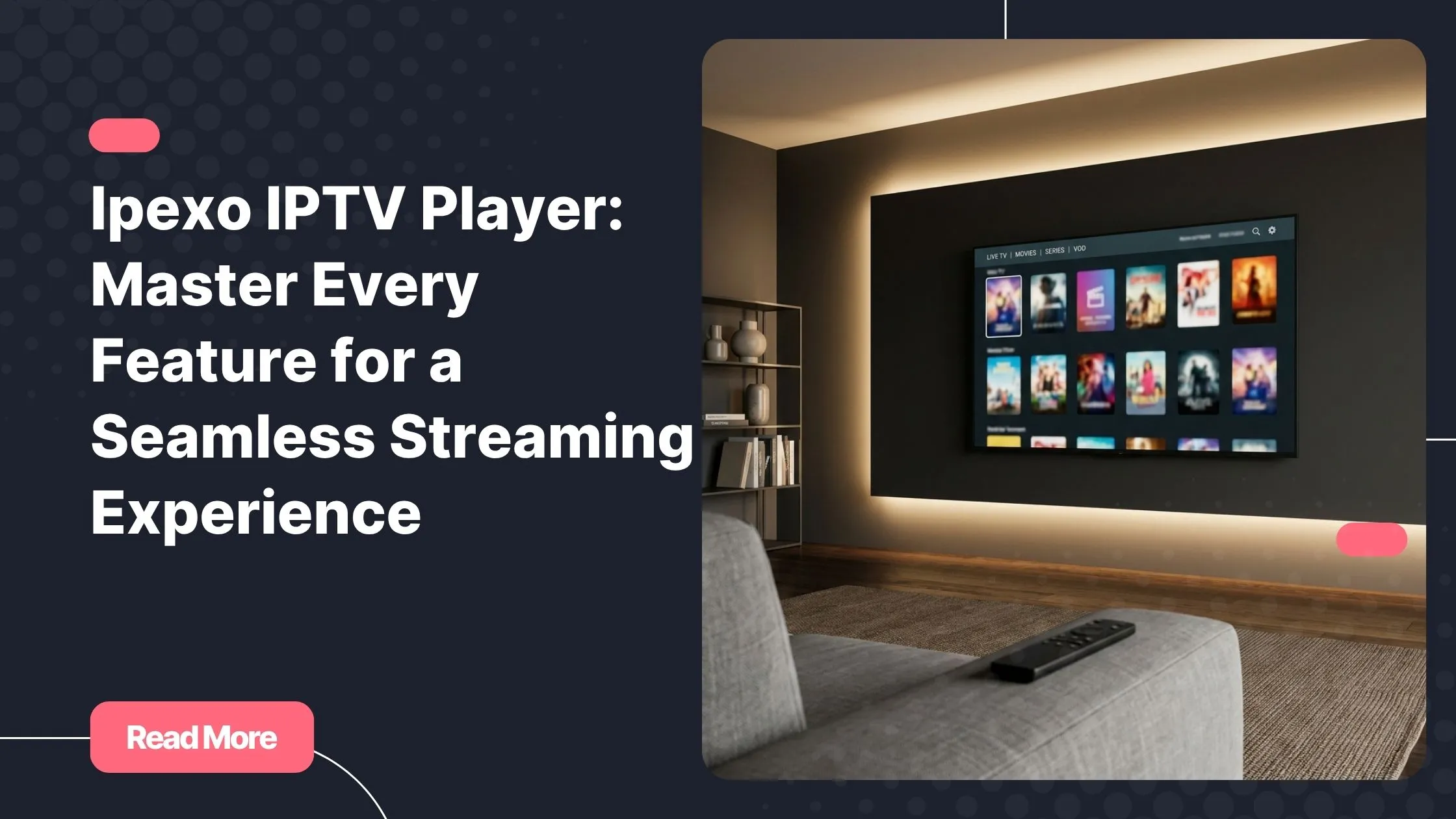 Ipexo IPTV player interface displayed on a modern smart TV in a contemporary living room